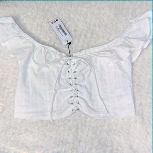 BooHoo Striped Cotton Feel Lace Up Bardot Crop Top